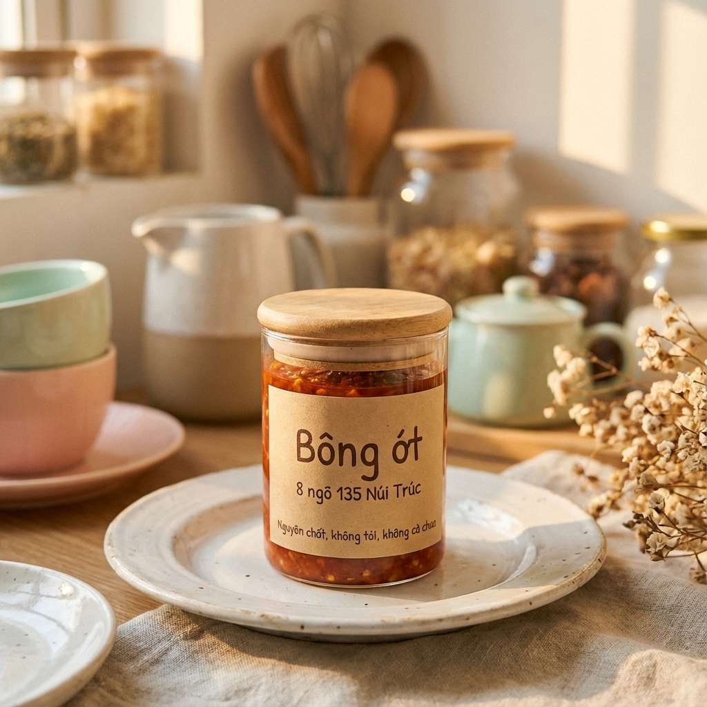 Hũ tương ớt Bông Ớt nắp gỗ trên kệ bếp ấm cúng
