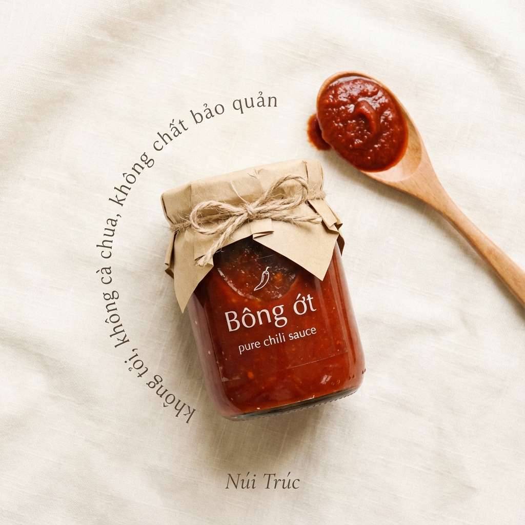 Hũ tương ớt Bông Ớt pure chili sauce với muỗng gỗ trên vải linen
