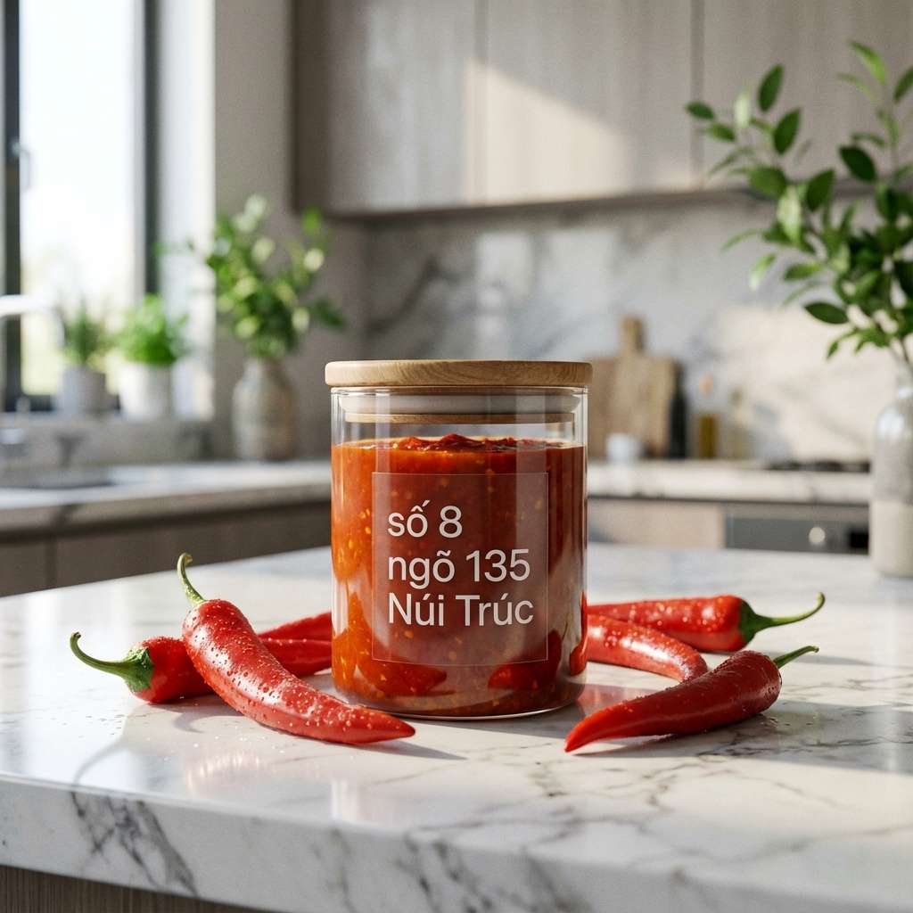 Hũ tương ớt Bông Ớt trên mặt đá cẩm thạch trong bếp hiện đại
