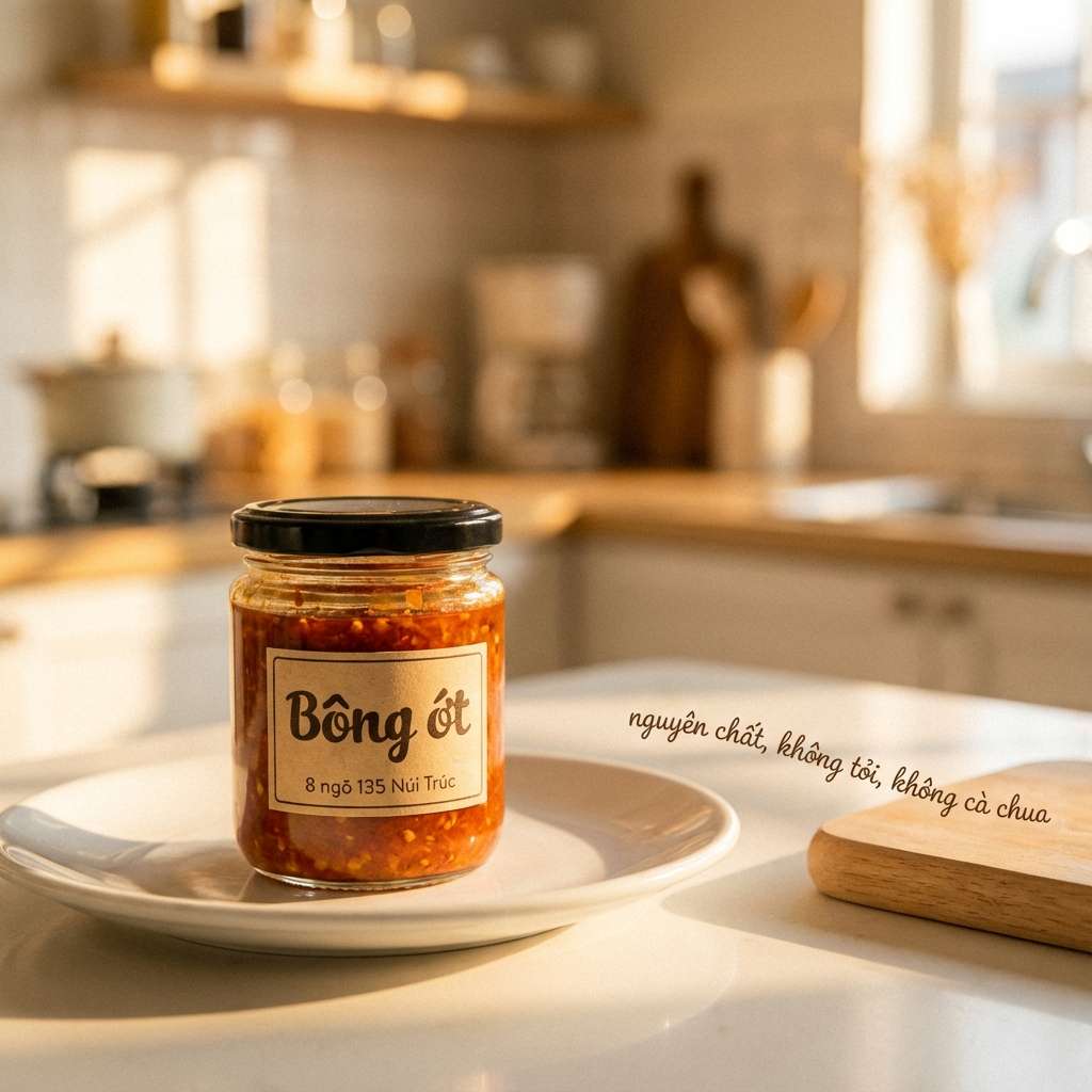Hũ tương ớt Bông Ớt trên đĩa trắng trong bếp ấm áp