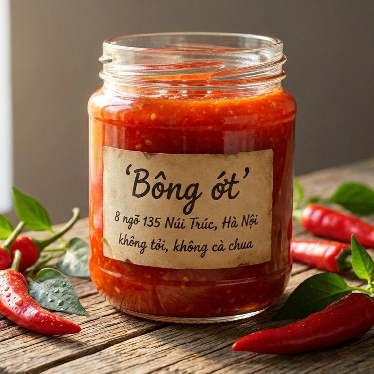 Hũ tương ớt Bông Ớt mở nắp với ớt tươi trên bàn gỗ - 8 ngõ 135 Núi Trúc