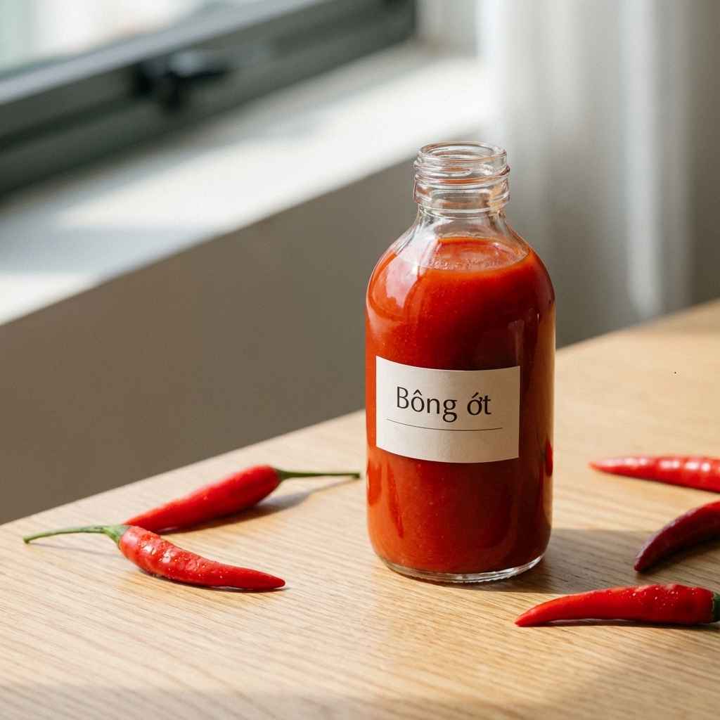 Chai tương ớt Bông Ớt mở nắp với ớt tươi xung quanh