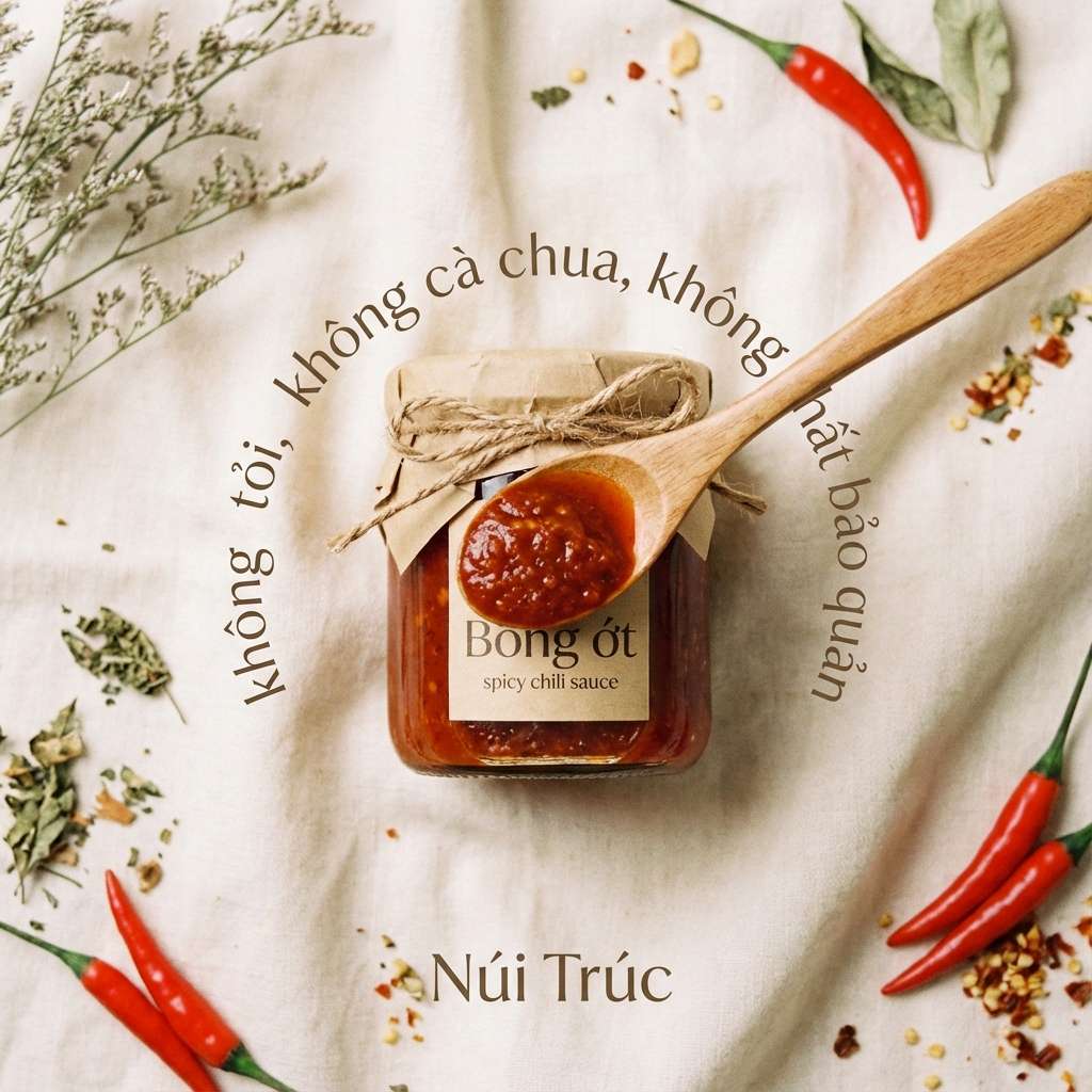 Hũ tương ớt Bông Ớt thủ công với muỗng gỗ - Không tỏi, không cà chua